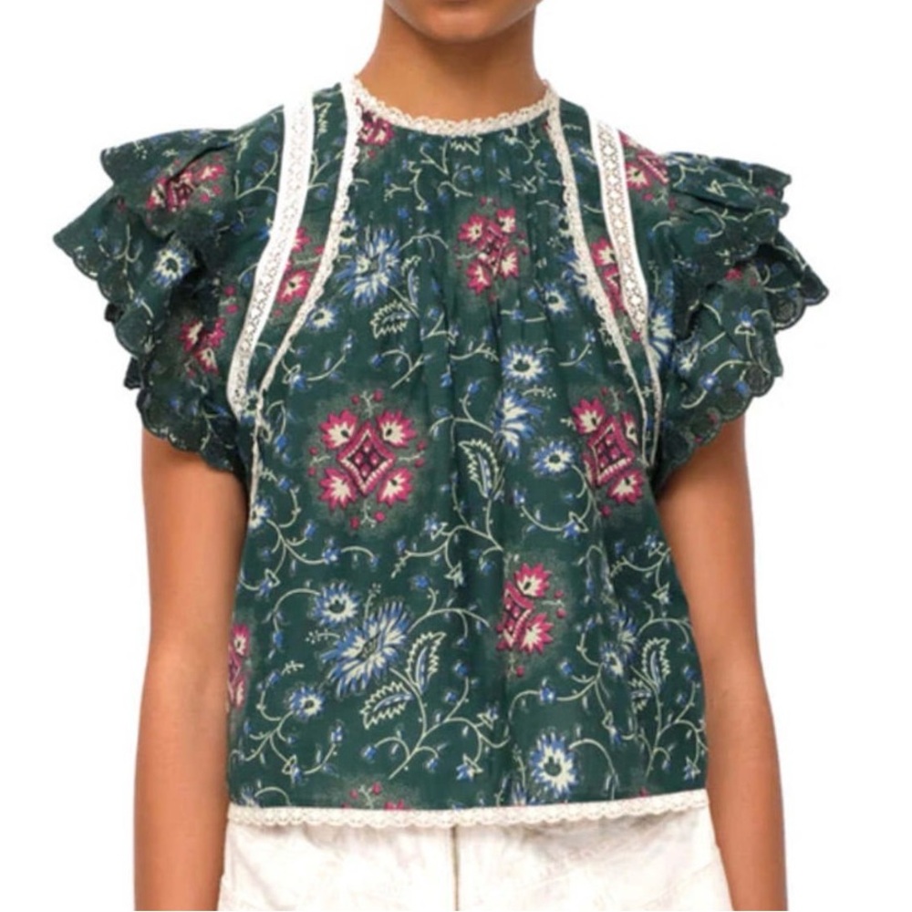 Sea Floral Ruffle Sleeve Cotton Top in Dark Green